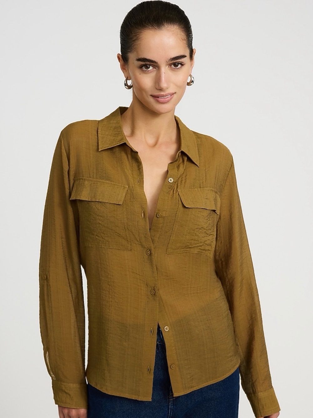 BNWOT Express Crinkled Rayon Voile Utility Portofino Shirt XL Tobacco